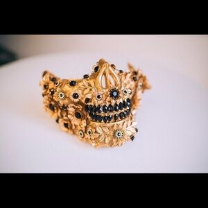 Custom-handmade w/ rhinestones,glass pearl beads-Gold and black Skelton mask!